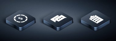 Isometric Coin parasını dolar sembolü ile ayarla, kontrol listesi ve konuşma balonu sohbet simgesi olan pano. Vektör