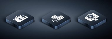 Isometric Kapalı cüzdanı kilitle, bilgisayar monitörünü sterlin sembolüyle ve Kripto para birimi Bitcoin simgesiyle ayarla. Vektör