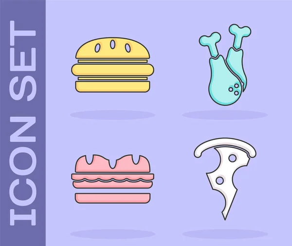 Набор ломтик пиццы, бургер, сэндвич и куриная нога икона. Вектор — стоковый вектор