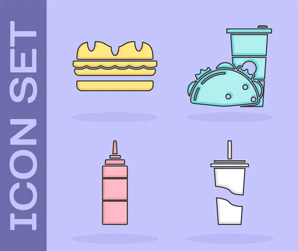 Set Papierglas mit Trinkhalm und Wasser, Sandwich, Saucenflasche und Papierglas und Taco mit Tortilla-Symbol. Vektor — Stockvektor