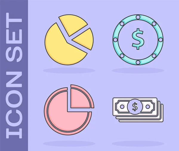 Establecer pilas de papel moneda en efectivo, infografía gráfico de pastel, infografía gráfico de pastel y moneda de dinero con símbolo de dólar icono. Vector — Vector de stock