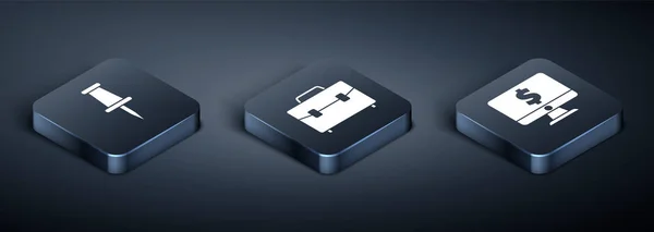 Ange Isometrisk Push pin, Datorskärm med dollarsymbol och Portfölj ikon. Vektor — Stock vektor