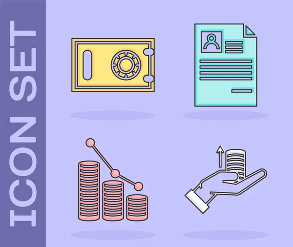 Establecer dinero en la mano, Caja fuerte, infografía gráfico de pastel y moneda y reanudar icono. Vector — Archivo Imágenes Vectoriales