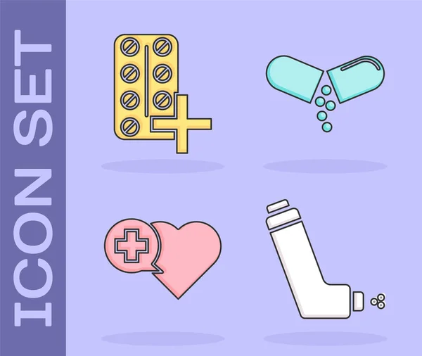 Set Inhaler, pastillas en blister, corazón con una píldora cruzada y medicina o icono de la tableta. Vector — Vector de stock