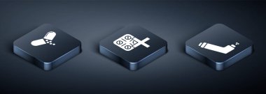 Isometric İlaç hapı ya da tablet, astım spreyi ve hapları kabarcık ambalajına koy. Vektör