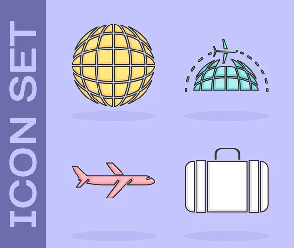 Установите чемодан для путешествий, земной шар, самолет и глобус с иконой летающего самолета. Вектор — стоковый вектор
