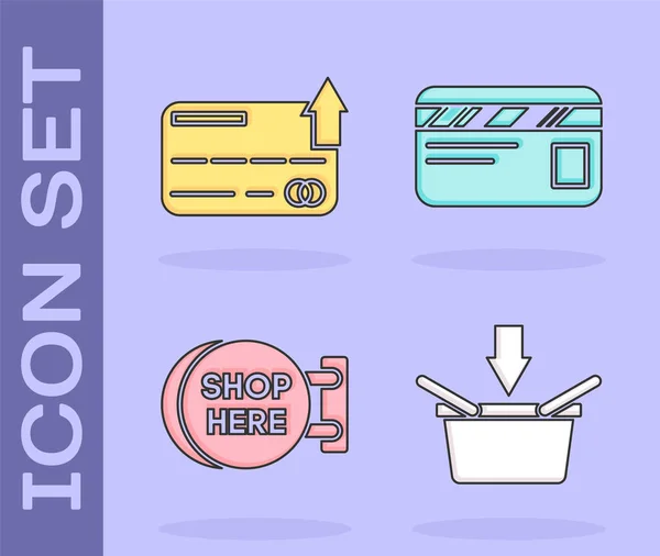 Set Shopping basket, Credit card, Signboard hanging with an inscription shop here and Credit card icon. Vector — 스톡 벡터