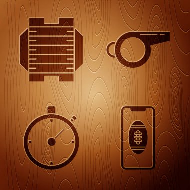 Amerikan futbol topu ekranda, Amerikan futbol sahası, Stopwatch ve Whistle tahta arka planda olacak şekilde Smartphone ayarla. Vektör