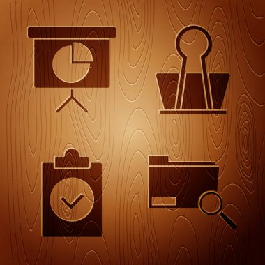 Dosya, Sunum finans kurulu, grafik, çizelge, diyagram, bilgi grafiği, pasta grafiği, tamamlanmış görev ve tahta zemin üzerine Binder klipsi ile Arama kavramını ayarlayın. Vektör