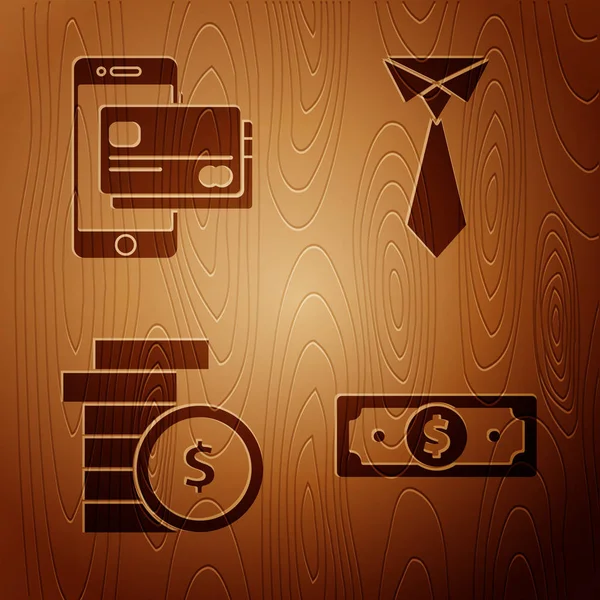 紙幣の現金、携帯電話とクレジットカード、ドル記号のコインのお金をセットし、木製の背景にタイ。ベクトル — ストックベクタ