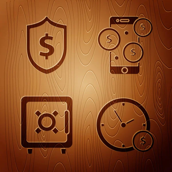 セット時間は、木製の背景にドル記号でお金、盾、安全とスマートフォンです。ベクトル — ストックベクタ