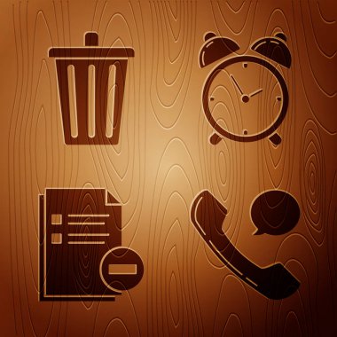 Telefon ahizesi ve konuşma balonu sohbetini, çöp tenekesini, eksi ve alarmlı saati ahşap arkaplanda ayarla. Vektör