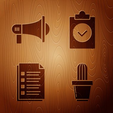 Kaktüs ve sulu ot, megafon, dosya dökümanı ve ahşap zemin üzerine tamamlanmış görevi ayarla. Vektör