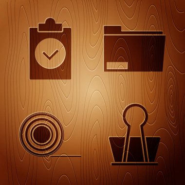 Binder şarjörü, Tamamlanmış görev, Scotch ve Document dizinini ahşap zemin üzerine ayarla. Vektör