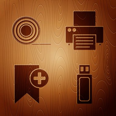Usb flash diskini, Scotch 'u, Bookmark' ı ve yazıcıyı tahta arka planda ayarla. Vektör