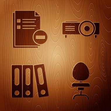 Ofis başkanını ayarla, eksisi olan belge, kağıtları ve belgeleri olan ofis klasörleri ve sunum, film, film, medya projektörü ahşap arka planda. Vektör