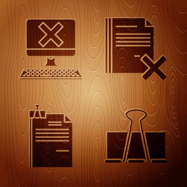 Binder klipsini, klavye ve x işaretli bilgisayarı, Dosya belgesini ve klasör klipsini ayarlayın ve tahta arkaplanda dosya belgesini silin. Vektör
