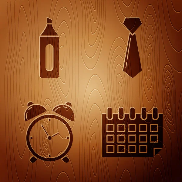 Zestaw Kalendarz, Marker pen, Budzik i Krawat na drewnianym tle. Wektor — Wektor stockowy