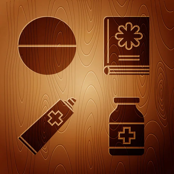 采购产品设置药瓶,药丸或片剂,药膏管药物和木制背景的医学书籍. B.病媒 — 图库矢量图片