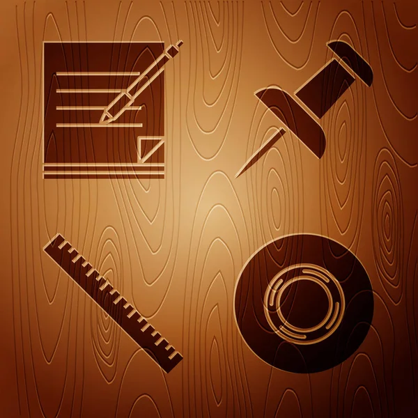Set Scotch, Blank notebook and pen, Ruler and Push pin on wooden background. Vector — Stock Vector