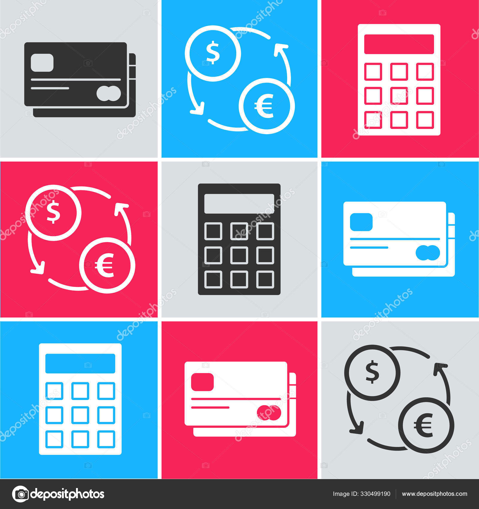 Set Credit Card Money Exchange Calculator Icon Vector — Stock Vector