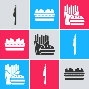 Knife, Sandviç ve Burger ve patates kızartmasını karton paket ikona koy. Vektör
