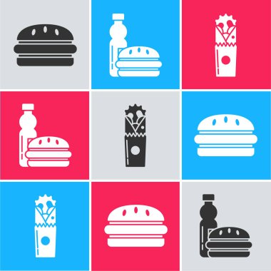 Set Burger, bir şişe su ve burger ve Doner kebap ikonu. Vektör