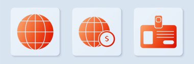 Dünya küresini dolar sembolü, dünya küresi ve kimlik kartı ile ayarla. Beyaz kare düğme. Vektör