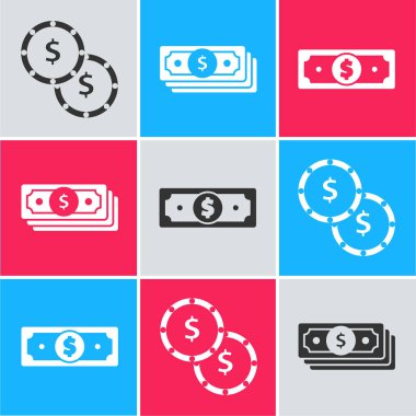 Para yerine dolar sembolü, kağıt para yığını ve kağıt para ikonu koyun. Vektör