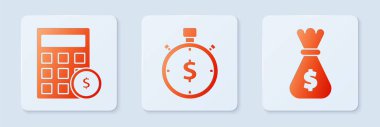 Set Zamanı para, dolar sembolü ve para çantası olan hesap makinesi. Beyaz kare düğme. Vektör