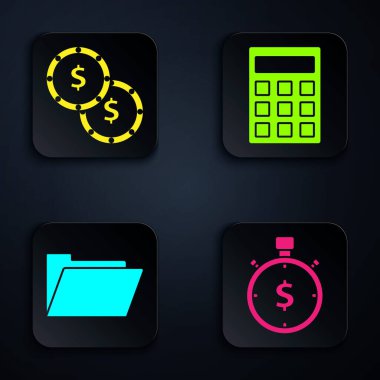Set Time para, dolar sembollü bozuk para, belge klasörü ve hesap makinesi. Siyah kare düğme. Vektör