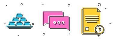 Altın çubukları, konuşma balonu sohbetini ve Finans belgesi simgesini ayarla. Vektör