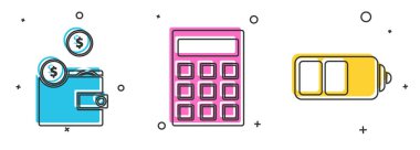 Cüzdanı bozuk para, hesap makinesi ve pil şarj seviyesi gösterge simgesi ile ayarla. Vektör