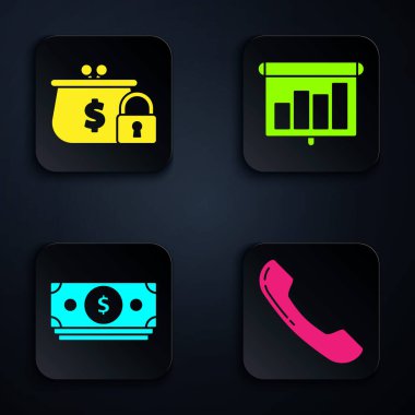 Telefon ahizesini, kilitli cüzdanı, kağıt para destesini ve grafik, çizelge, şema, bilgi grafiği, pasta grafiği içeren sunum finans kurulunu ayarla. Siyah kare düğme. Vektör