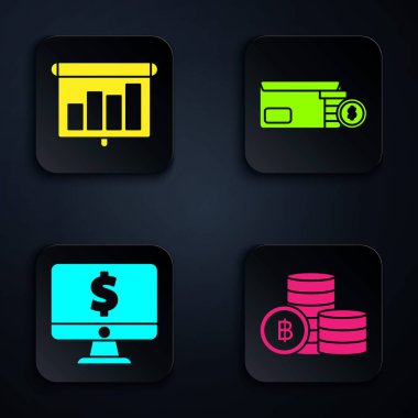 Kripto para Bitcoin 'i, grafik, grafik, diyagram, bilgi grafiği, turta grafiği, dolar ve parlak stadyum ışıklarıyla sunum finans kurulunu ayarlayın. Siyah kare düğme. Vektör