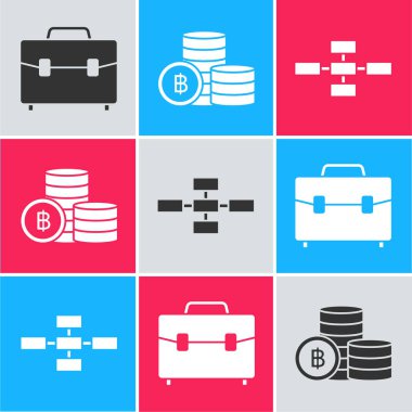 Evrak çantası, Kripto para Bitcoin ve İş hiyerarşisi organizogramı grafiksel bilgi simgesini ayarla. Vektör