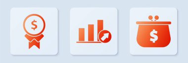 Sunum finansmanını grafik, çizelge, diyagram, bilgi grafiği, pasta grafiği, iyi iş ödülü ve dolar sembollü cüzdan ile ayarlayın. Beyaz kare düğme. Vektör