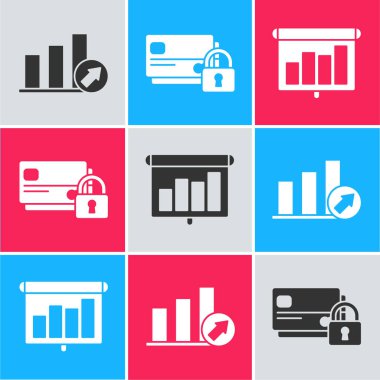 Sunum finansmanını grafik, zamanlama, grafik, diyagram, bilgi grafiği, pasta grafiği, kilit simgesi olan kredi kartı ile ayarlayın. Vektör