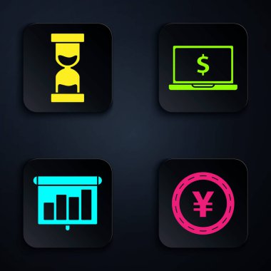 Yen sembollü bozuk para, akan kumlu eski kum saati, grafik, çizelge, diyagram, bilgi grafiği, dolar sembollü dizüstü bilgisayarlı sunum finans kurulu. Vektör