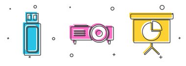 Usb flash diskini, Sunumu, Film, Film, Medya Projektörü ve Sunum Finans Kurulu 'nu grafik, zamanlama, grafik, diyagram, bilgi grafiği, pasta grafik simgesi ile ayarla. Vektör