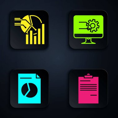 Belgeyi, Pasta grafiği bilgisini, grafik grafikli belgeyi ve grafik grafikli bilgisayar monitörünü ayarla. Siyah kare düğme. Vektör