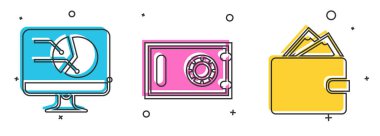 Bilgisayar monitörünü grafik grafiği, kasa ve cüzdanı kağıt para ikonu ile ayarla. Vektör