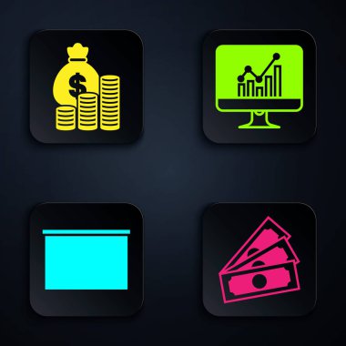 Stacks kağıt para, para çantası ve bozuk para, Chalkboard ve grafik grafikli bilgisayar monitörü ayarla. Siyah kare düğme. Vektör