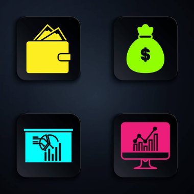 Bilgisayar monitörünü grafik grafiğiyle, cüzdanını kağıt para destesiyle, tahtasını grafik grafiğiyle ve para çantasıyla ayarla. Siyah kare düğme. Vektör