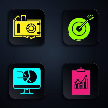 Grafik şeması, kasa ve para, grafik grafiği ve hedefi olan bilgisayar monitörü ile panoyu ayarla. Siyah kare düğme. Vektör