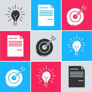 Ampulü ışıltılı ve fikir kavramlı ayarla, Belge ve Hedef simgesi. Vektör