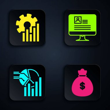 Para çantasını, pasta grafiğini, pasta grafiğini ve özgeçmişli bilgisayar monitörünü ayarla. Siyah kare düğme. Vektör