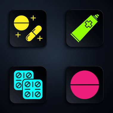 İlaç hapı ya da tablet, ilaç hapı ya da tablet, su toplayan haplar ve krem tüpü ilacını hazırlayın. Siyah kare düğme. Vektör