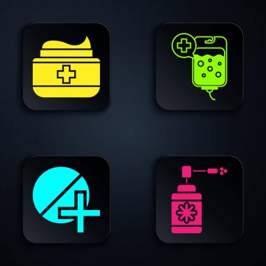 Tıbbi şişeyi hortum spreyi, merhem krem tüpü ilacı, ilaç hapı ya da tablet ve serum torbasıyla ayarla. Siyah kare düğme. Vektör
