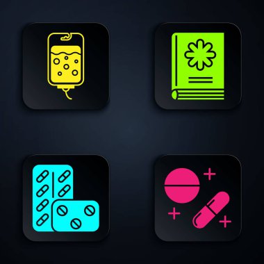 İlaç hapı ya da tablet, serum torbası, su toplayan haplar ve tıp kitabını hazırla. Siyah kare düğme. Vektör